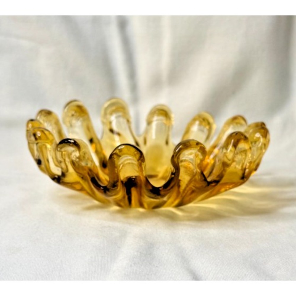 Vintage MCM Amber Art Glass 14 Finger Stretch Bowl Ruffled Blown Glass Dish 5.5"